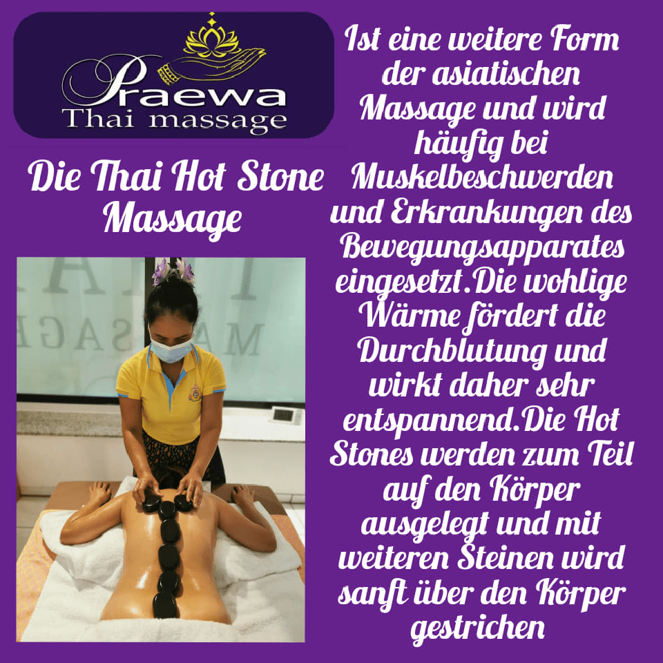 Das Bild enthält Text, der ausführlich "Die Praewa Hot Stone Massage" beschreibt.
The image contains text describing in detail "Die Praewa Hot Stone Massage".